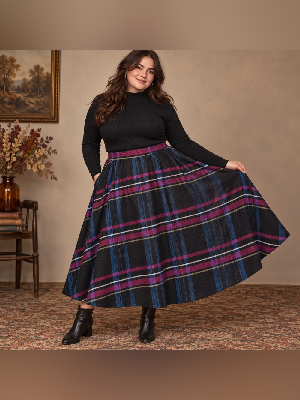 Vintage Krago Plaid Wool Circle Skirt Plus Size 22W Made in USA - Dark Academia